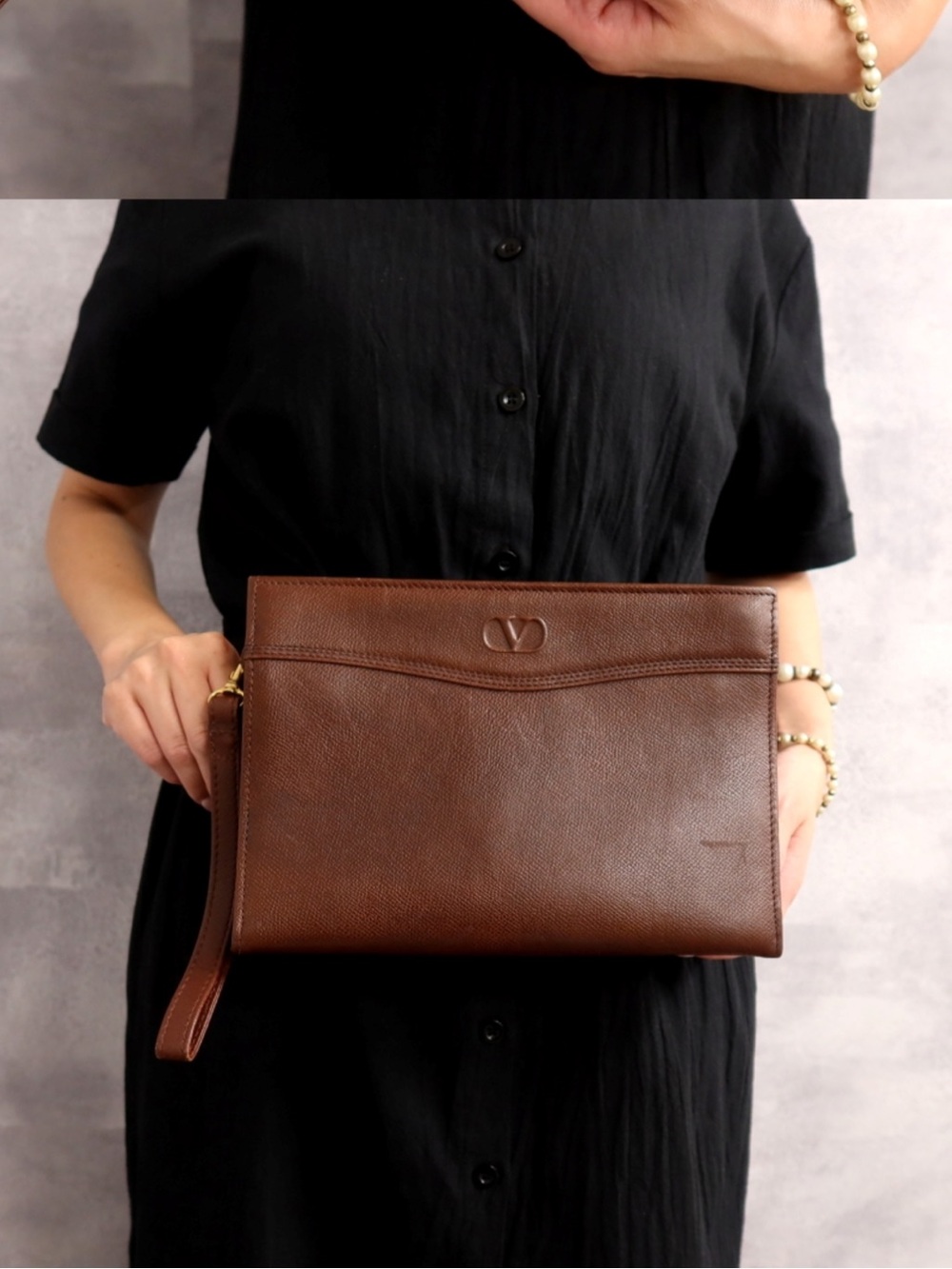 Valentino Brown Pebbled Leather Wrist Pouch with Detachable Strap
